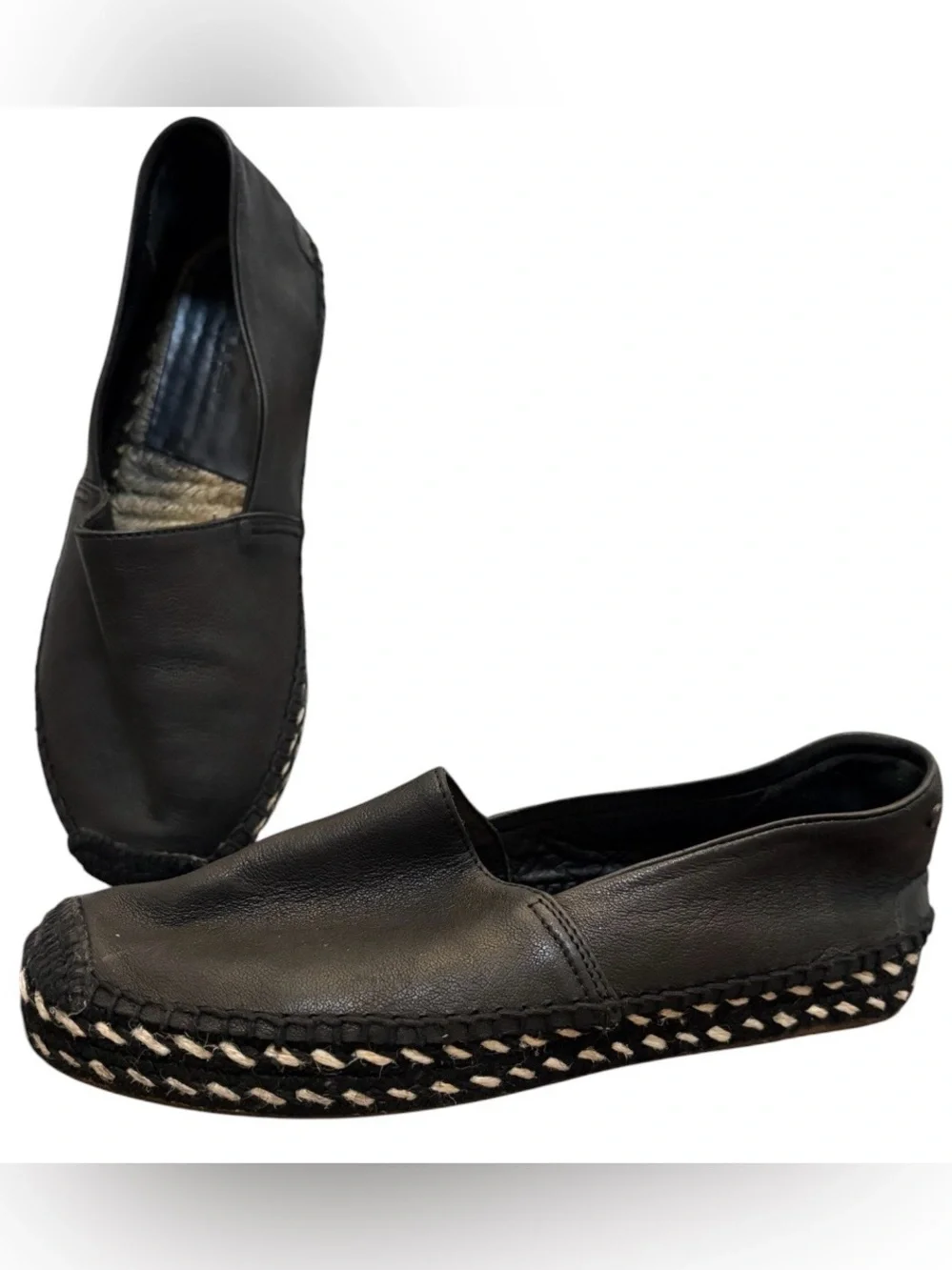 NEW Rag & Bone Noa Leather Espadrille Slip-On Flats Black Size 36 EU / US 6